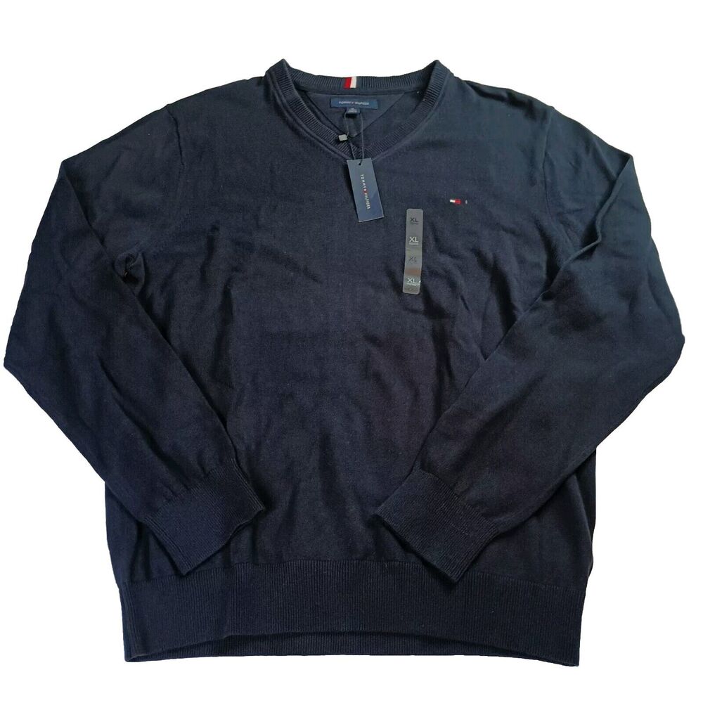 Tommy Hilfiger Men's Pull Over Sweater 100% Cotton V Neck Navy Blue Size‎ XL